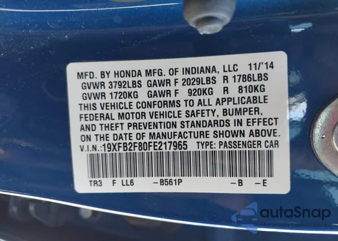 2015 Honda Civic Ex from USA, damaged, VIN 19XFB2F80FE217965